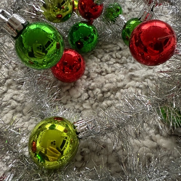 Crate & Barrel Christmas Garland – 9 Ft Silver Tinsel with Red & Green Ornaments - Picture 5 of 8